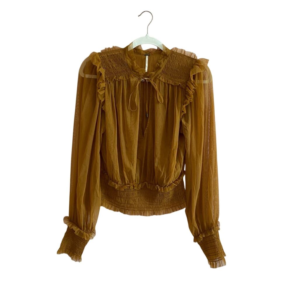 Free People Sheer Mesh Chiffon Split Neck Ruffle Raw edge Smocked Cropped Top